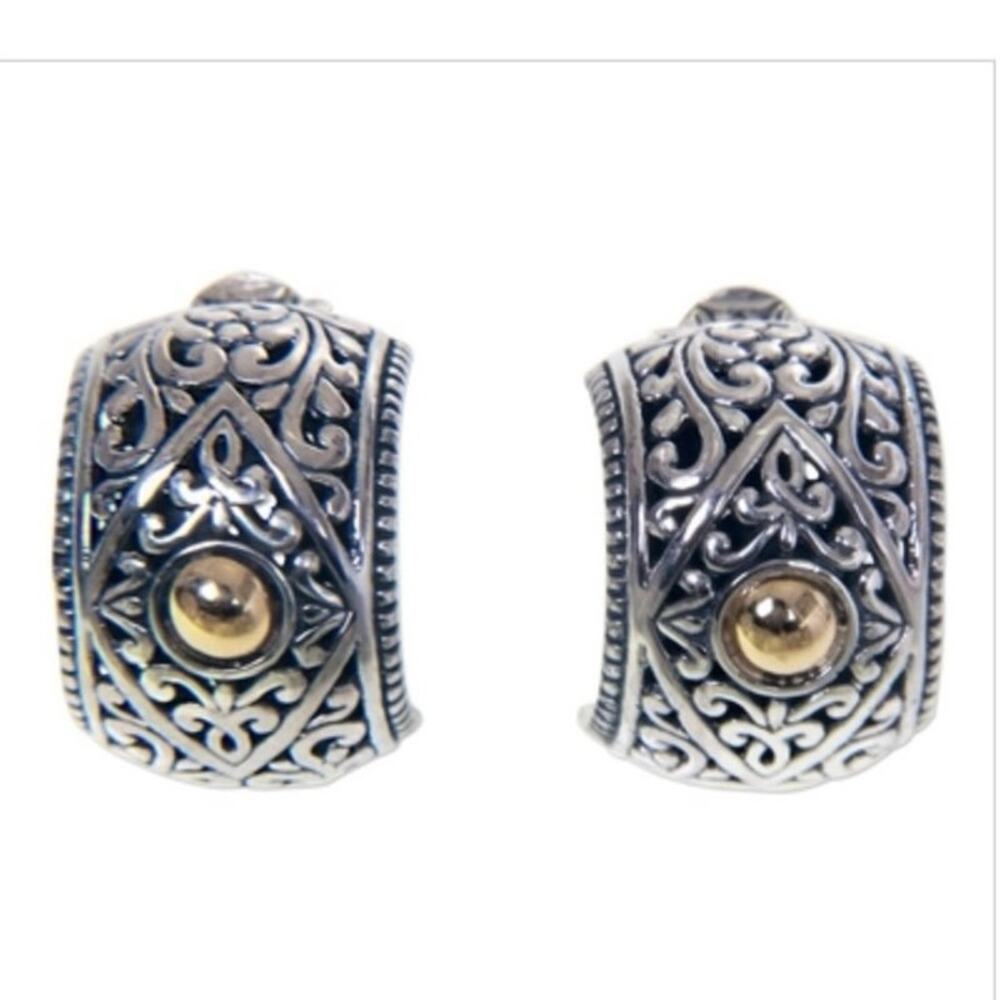 NF Signed 925 Bali Crafted Floral Half Hoop Pierced Earrings Gold‎ Accent